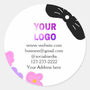 Black bow pink purple floral add logo biz details classic round sticker