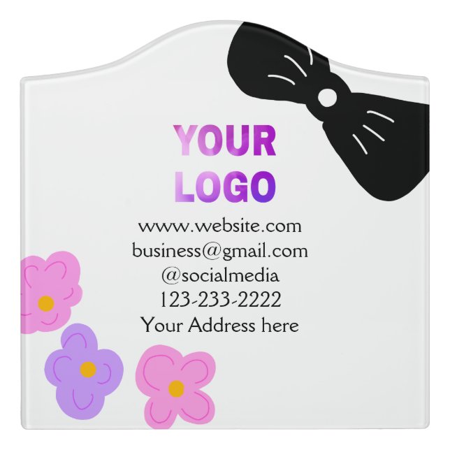Black bow pink purple floral add logo biz details  door sign (Large Crest Front)
