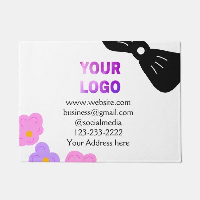 Black bow pink purple floral add logo biz details  doormat (Front)