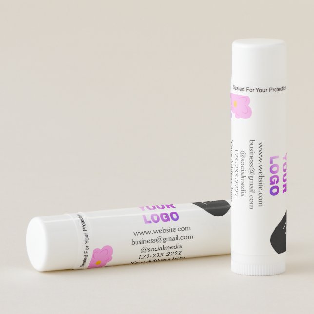 Black bow pink purple floral add logo biz details  lip balm (Front)