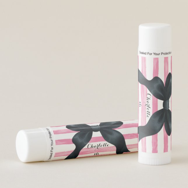 Black Bow Pink White Stripe Party Favor Lip Balm (Front)