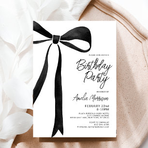 Black Bow Ribbon Birthday Party Celebration Script Invitation