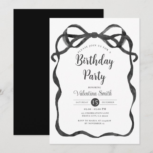 Black Bow Ribbon Coquette Birthday Invitation (Front/Back)