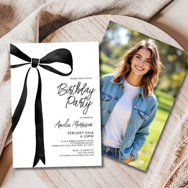 Black Bow Ribbon Photo Birthday Party Invitation (Creator Uploaded)