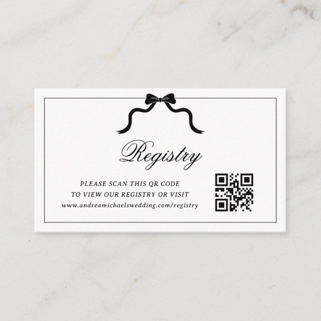 Black Bow Ribbon QR Code Wedding Gift Registry Enclosure Card (Front)
