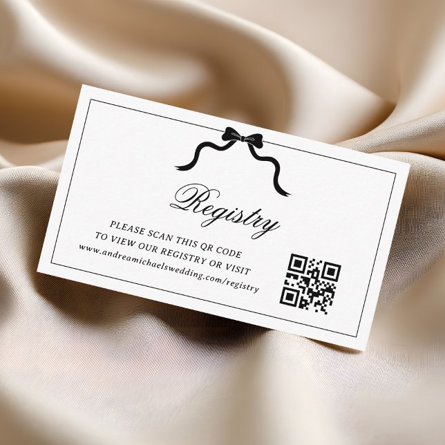 Black Bow Ribbon QR Code Wedding Gift Registry Enclosure Card (Creator Uploaded)