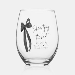 Black Bow She's Tying the Knot Bachelorette Stemless Wine Glass