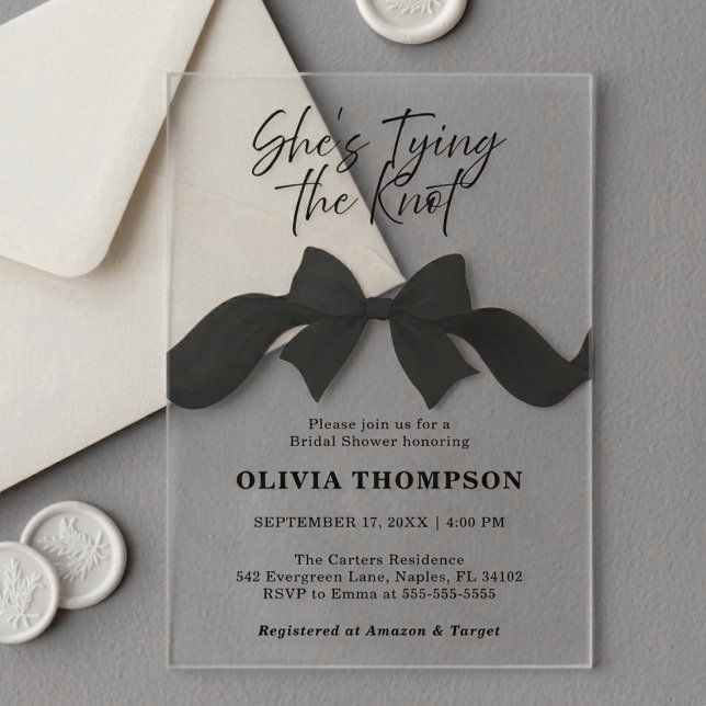 Black Bow  She's Tying the Knot Bridal Shower Acrylic Invitations (Creator Uploaded)