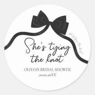 Black bow she's tying the knot bridal shower classic round sticker