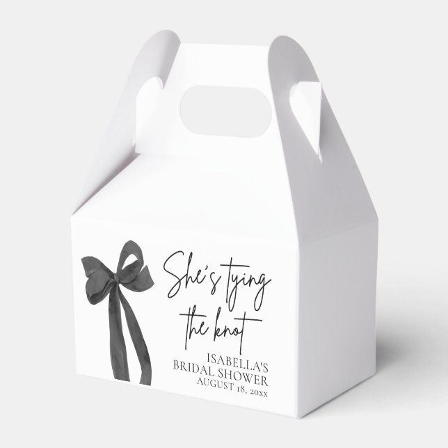 Black Bow She's Tying the Knot Bridal Shower Favor Boxes (Front Side)