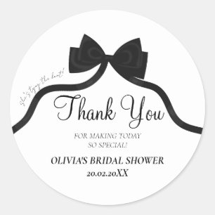 Black bow she's tying the knot bridal shower favor classic round sticker