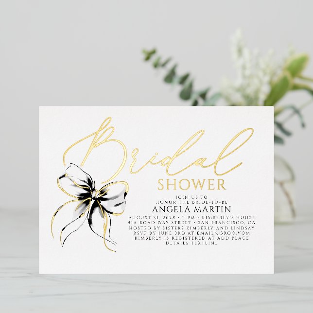 Black Bow She's Tying The Knot Bridal Shower Foil Invitation (Standing Front)