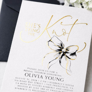 Black Bow She's Tying The Knot Bridal Shower Foil Invitation
