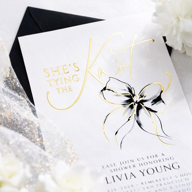 Black Bow She's Tying The Knot Bridal Shower Foil Invitation (Black Bow Bridal Shower Gold Foil Invitation)