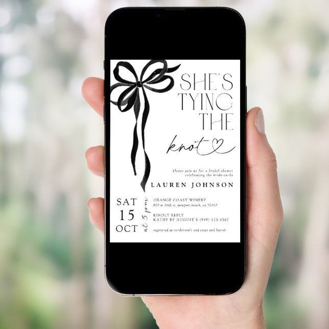 Black Bow She's Tying the Knot Bridal Shower Invitation (Front Digital)