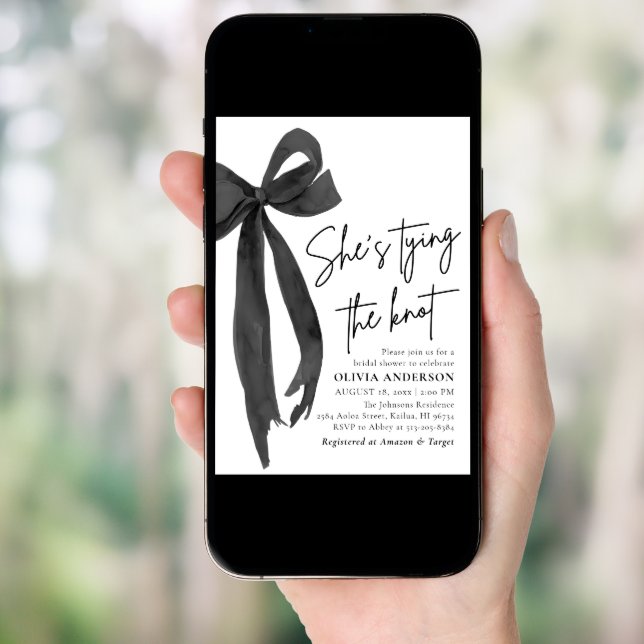 Black Bow She's Tying the Knot Bridal Shower Invitation (Front Digital)