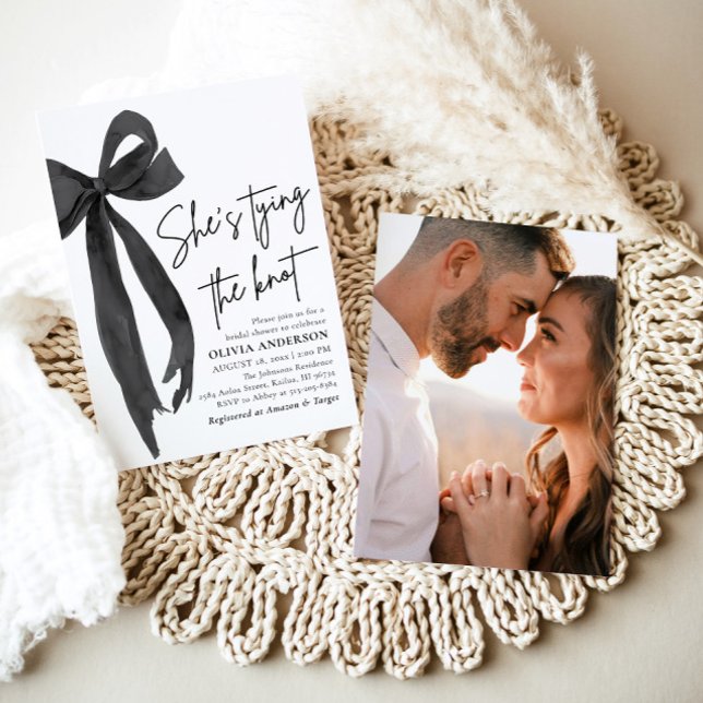 Black Bow She's Tying the Knot Bridal Shower Invitation (Watercolor Modern Cute Black Bow Ribbon Coquette She's Tying the Knot Bridal Shower Invitation)