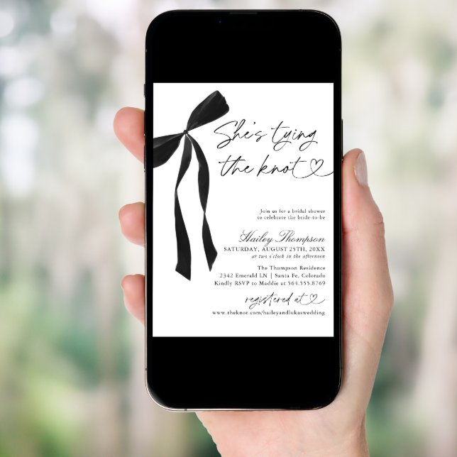 Black Bow She's Tying The Knot Bridal Shower Invitation (Front Digital)