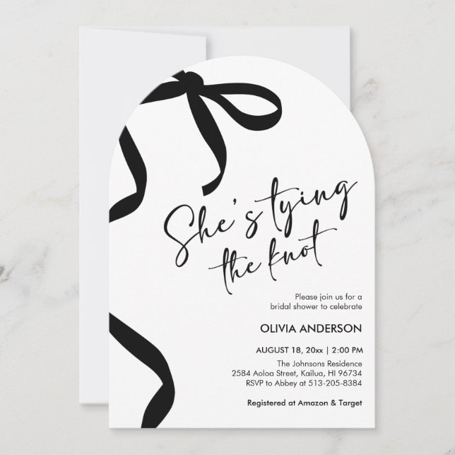 Black Bow She's Tying the Knot Bridal Shower Invitation (Front)