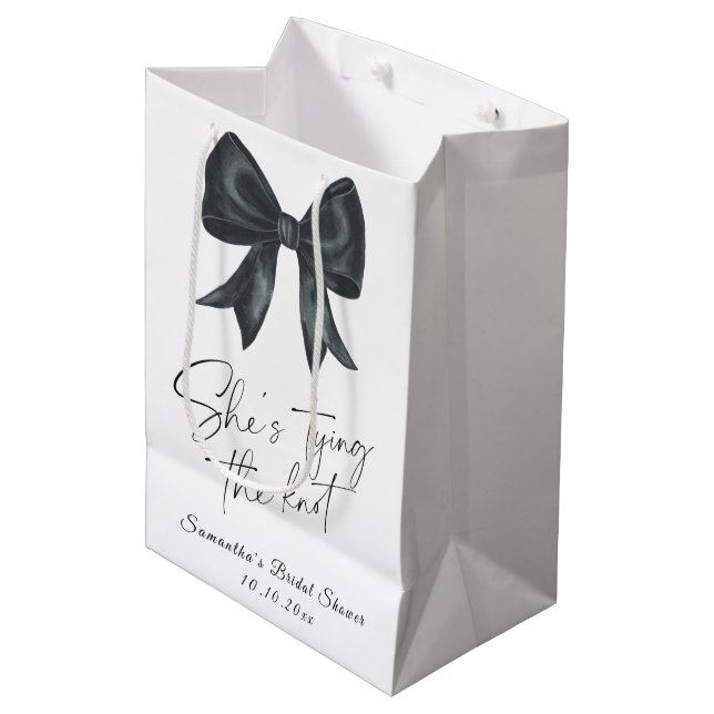 Black Bow She's tying the knot Bridal Shower Medium Gift Bag (Front Angled)