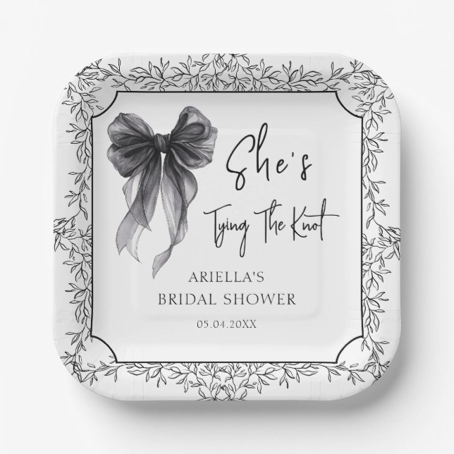 Black Bow She's Tying The Knot Bridal Shower Paper Plates (Front)
