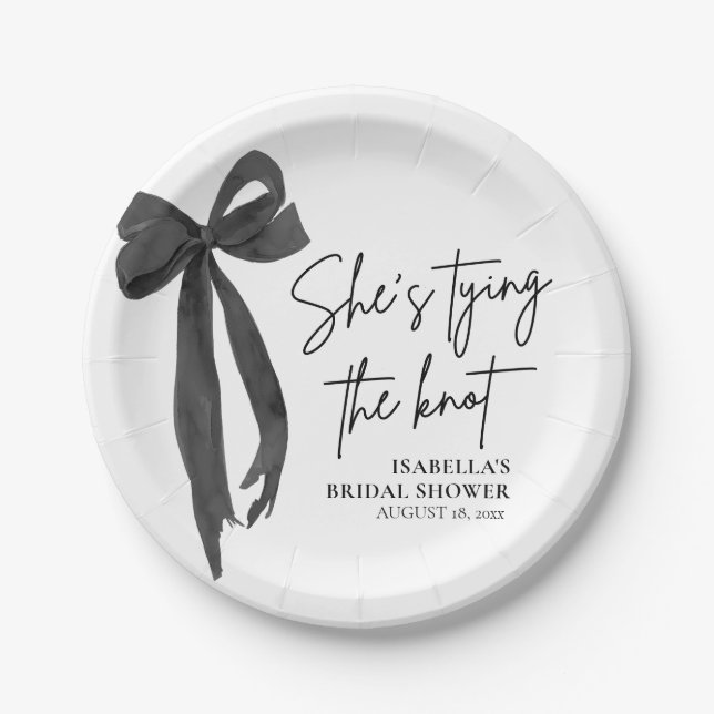 Black Bow She's Tying the Knot Bridal Shower Paper Plates (Front)