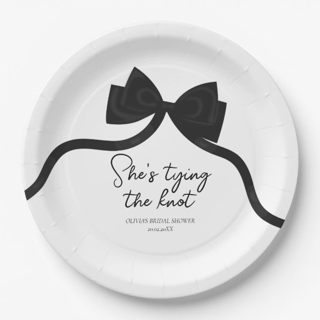 Black bow she's tying the knot bridal shower paper plates (Front)