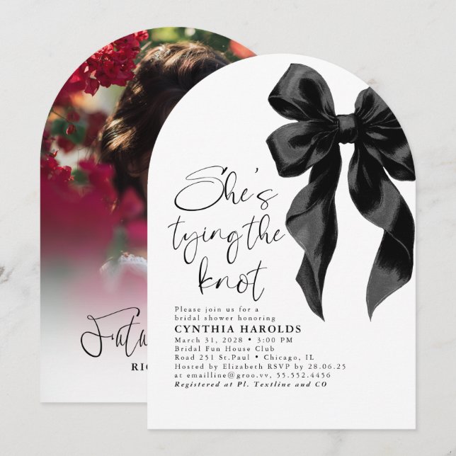 Black Bow She's Tying the Knot Bridal Shower Photo Invitation (Front/Back)