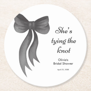 Black Bow She's Tying the Knot Bridal Shower Round Paper Coaster