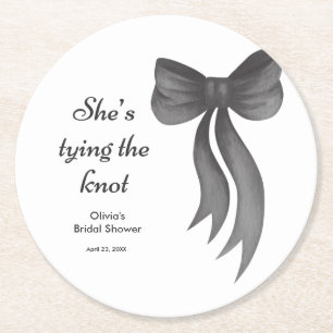 Black Bow She's Tying the Knot Bridal Shower  Round Paper Coaster