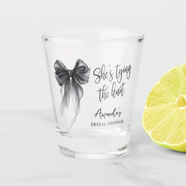 Black Bow She's tying the knot Bridal Shower Shot Glass (Front)
