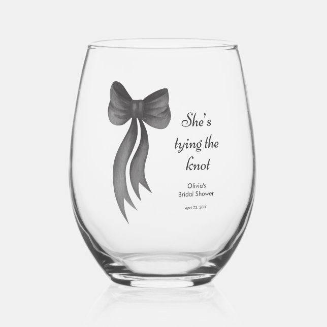 Black Bow She's Tying the Knot Bridal Shower  Stemless Wine Glass (Front)