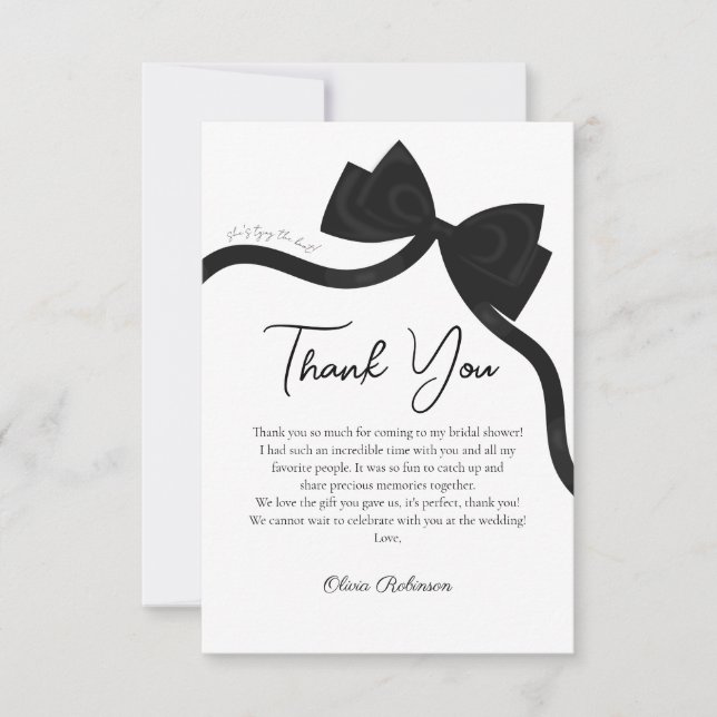 Black Bow She's tying the knot bridal shower  Thank You Card (Front)