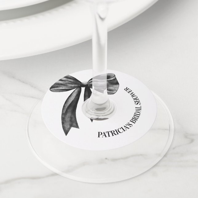 Black Bow She's Tying the Knot Bridal Shower Wine Glass Tag (Close Up)