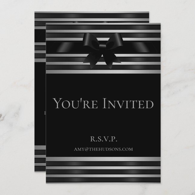 Black Bow Silver Stripes New Year's Eve Invitation (Front/Back)