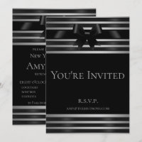 Black Bow Silver Stripes New Year's Eve Invitation