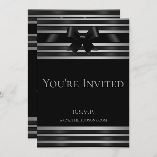 Black Bow Silver Stripes New Years Eve Invitation