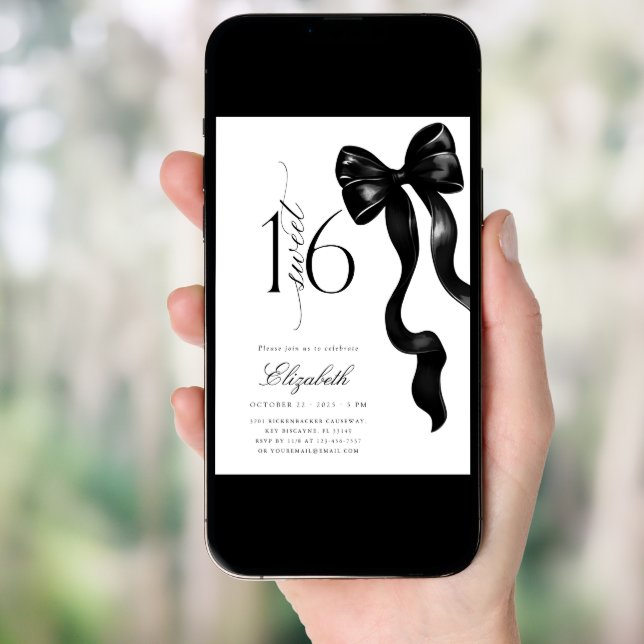 Black Bow Sweet Sixteen Birthday Invitation (Front Digital)