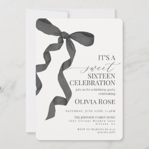 Black Bow Sweet Sixteen Birthday Party Invitation