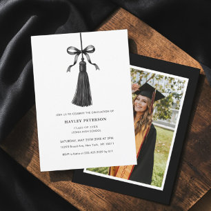 Black Bow Tassel Modern College Graduation Photo Invitation