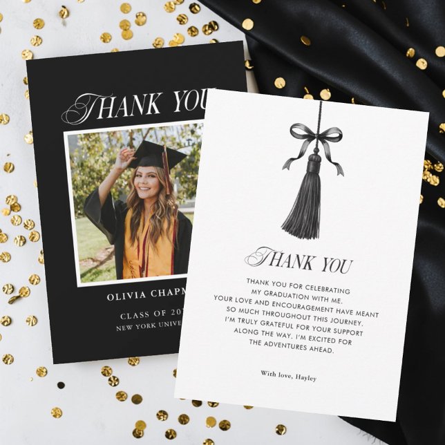 Black Bow Tassel Modern Graduation Party Photo Thank You Card (Creator Uploaded)