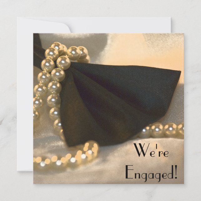 Black Bow Tie and White Pearls Engagement Party Invitation (Front)