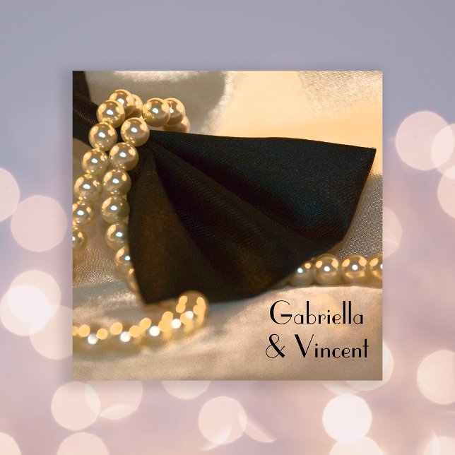 Black Bow Tie and White Pearls Wedding Invitation (Creator Uploaded)