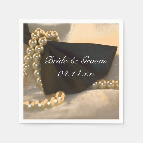 Black Bow Tie and White Pearls Wedding Paper Napkins