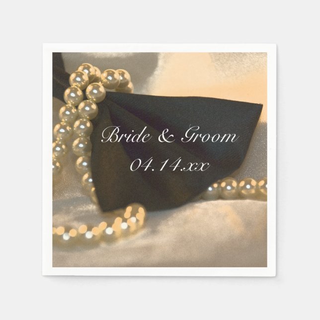 Black Bow Tie and White Pearls Wedding Paper Napkins (Front)