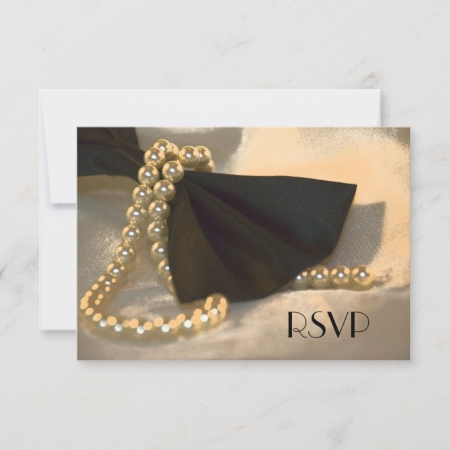 Black Bow Tie and White Pearls Wedding RSVP Card (Front)