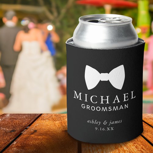 Black Bow Tie Groomsman Personalized Wedding Can Cooler