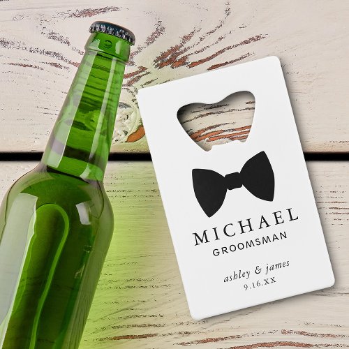 Black Bow Tie Groomsman Personalized Wedding Credit Card Bottle Opener