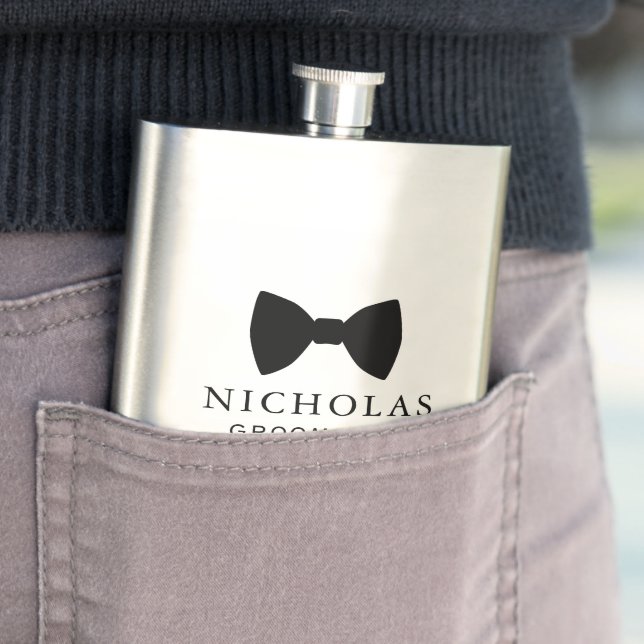 Black Bow Tie Groomsman Personalized Wedding Flask (In Situ)