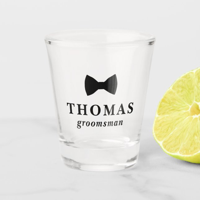 Black Bow Tie Groomsman Personalized Wedding Shot Glass (Front)